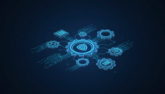 A clean and modern digital illustration representing agentic AI workflows and governance in an enterprise setting. The visual features interconnected glowing network nodes and blue digital data flows passing through translucent gears.