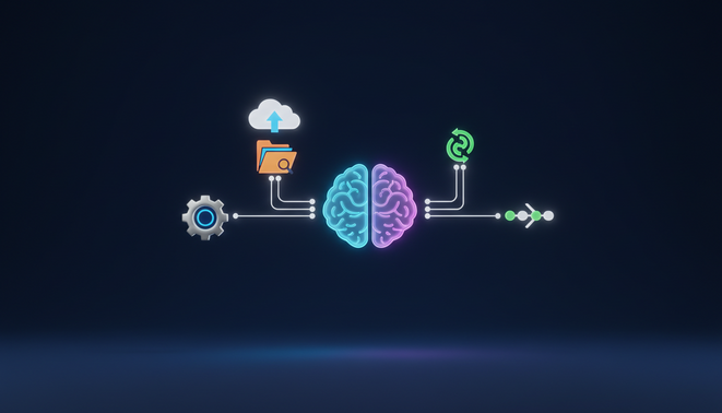 A minimalist 3D digital illustration of a glowing central brain icon connected to various smaller icons like gears, cloud storage, and document folders through shining paths of light. The scene represents a smart agent managing a digital workflow.