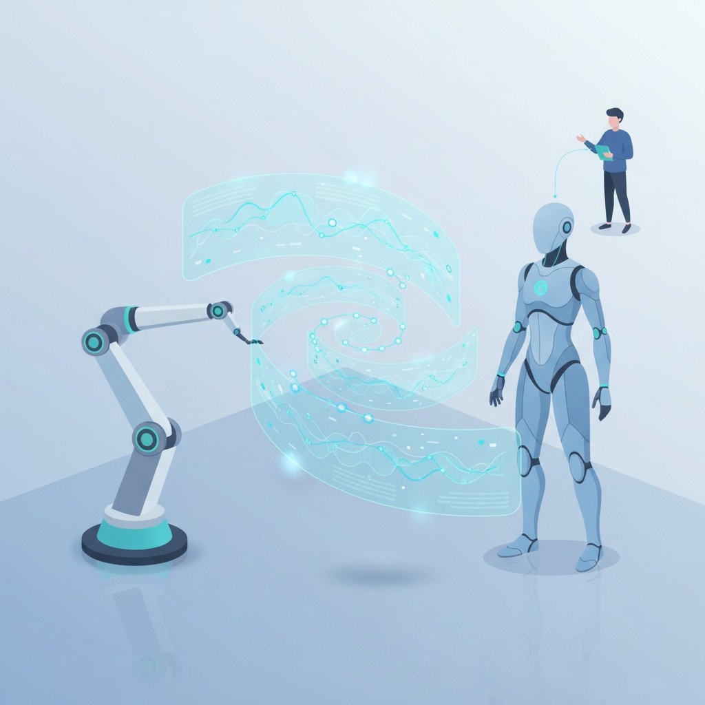 Illustration of robots in a modern lab interacting with floating digital interfaces while a human operator uses a tablet in the background, representing AI-powered robotics training and human-in-the-loop learning.