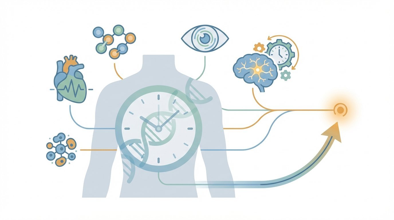 A stylized illustration showing a human torso connected to icons for heart, brain, and cell clusters plus retinal motif, protein biomarker dots, and body-wide and organ clock symbols leading to a curved timeline point