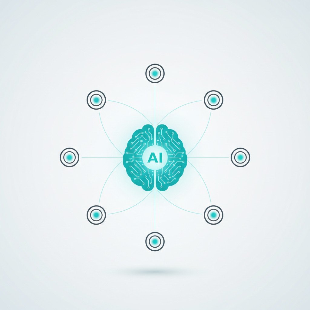 A minimal vector illustration showing a glowing neural network core connected to multiple service nodes by thin glowing lines, representing AI systems communicating via APIs.