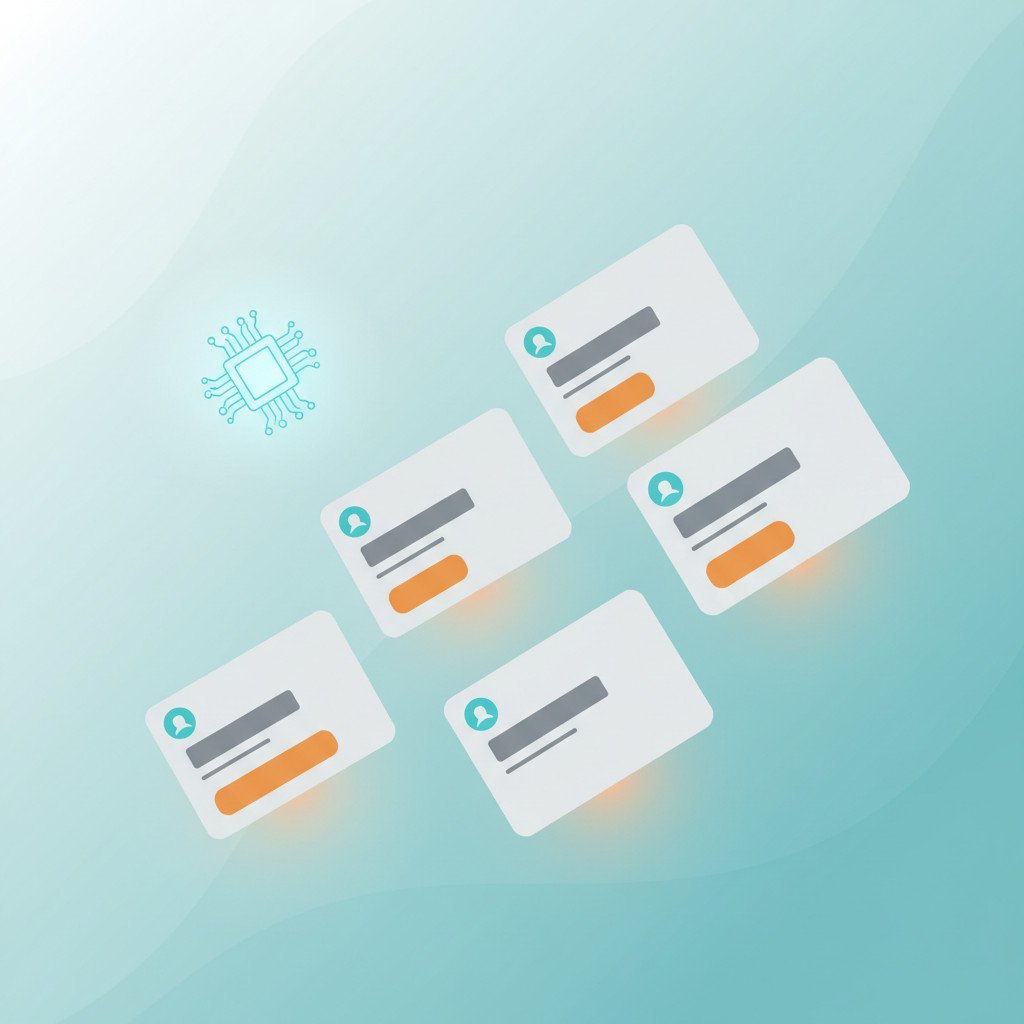 Abstract illustration of floating app suggestion cards with a subtle AI symbol, showing call-to-action buttons and app logo placeholders on a soft gradient background.
