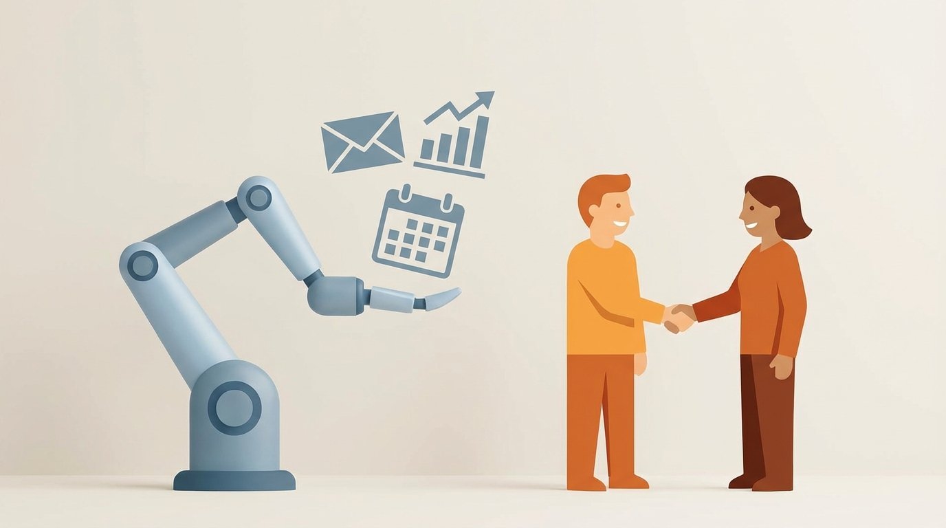 An image symbolizing AI automation, with a robotic arm handling repetitive business tasks on one side, and a person engaging with a customer on the other.