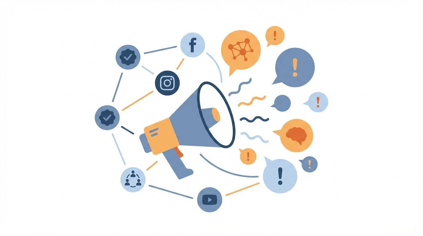 Stylized megaphone at center with radiating lines and abstract speech bubbles. Simplified social media icons form a network around the megaphone. Some speech bubbles contain small neural node patterns and exclamation marks to suggest hype and misinformation spreading through the network. Muted blues and cautionary orange color palette, flat minimal style.
