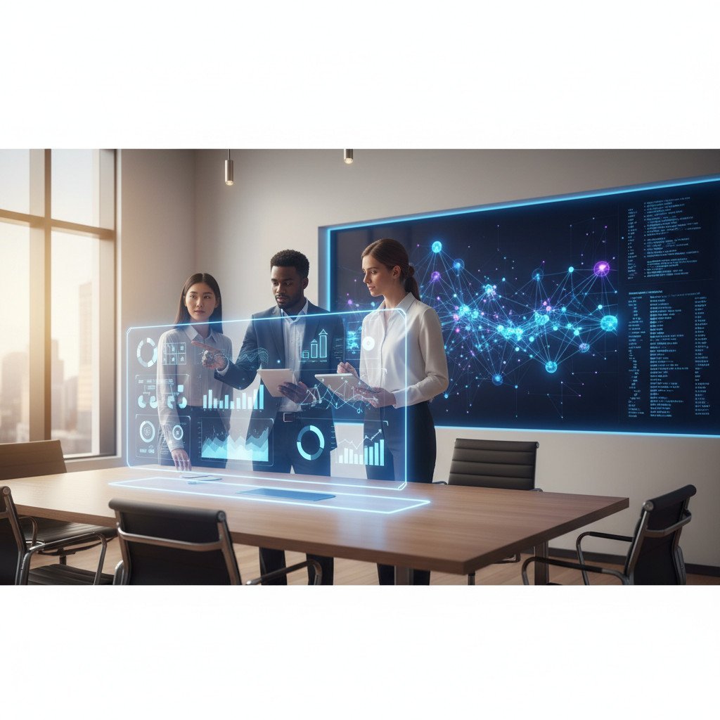 Team collaborating with holographic AI dashboard in a modern office