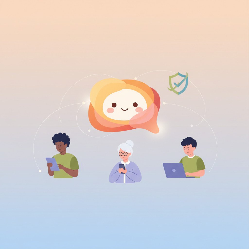Friendly vector illustration of an AI chatbot avatar interacting safely with diverse users, with a shield symbol indicating protection
