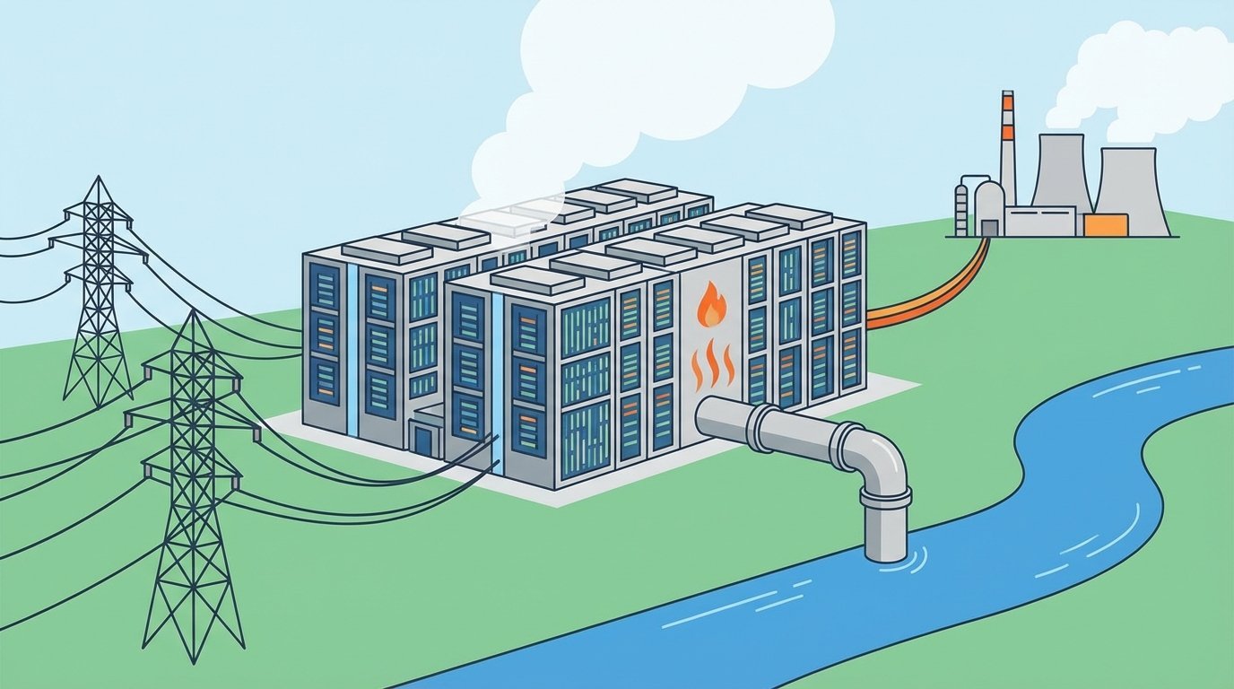 An illustration of an AI data center showing its significant energy and water consumption, symbolizing its environmental impact.
