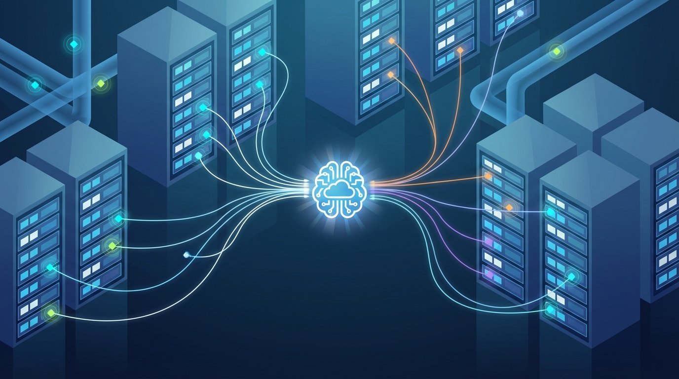 An abstract visualization of AI-powered monitoring in a data center. The image shows data flowing from sensors on server racks to a central AI processor, illustrating the concept of predictive maintenance and operational optimization.
