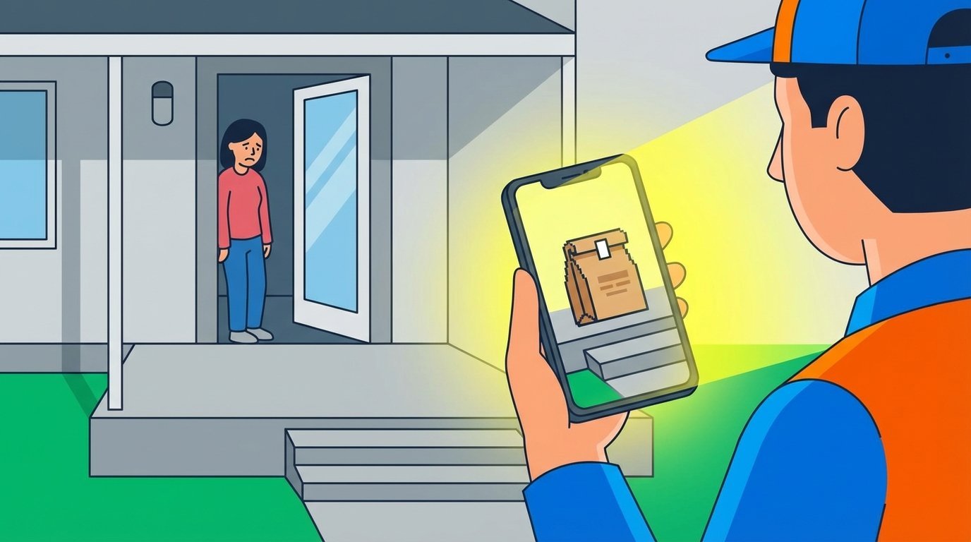 A conceptual illustration of AI delivery fraud, showing a delivery driver using a phone with a fake delivery image while a customer waits for a package that never arrives.