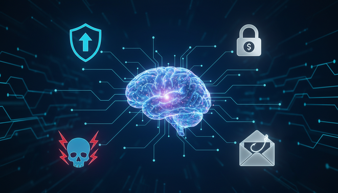 Conceptual digital art of an AI brain connected to symbols of cyber threats like malware and phishing plus protective shields representing cybersecurity defenses