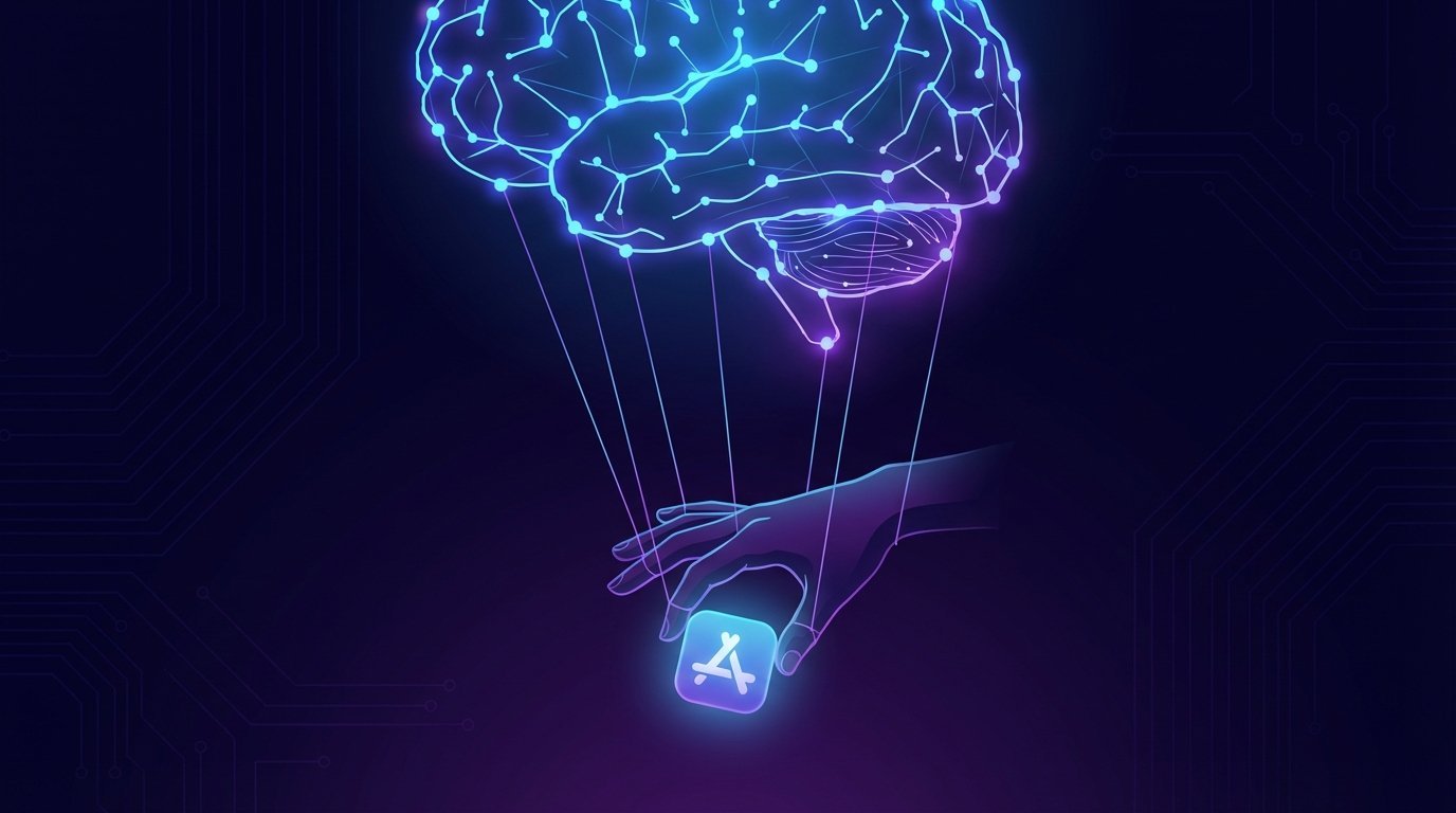 An abstract image depicting a glowing AI network at the top, with strings extending down to a human hand, symbolizing the control AI platforms have over users in the app ecosystem.