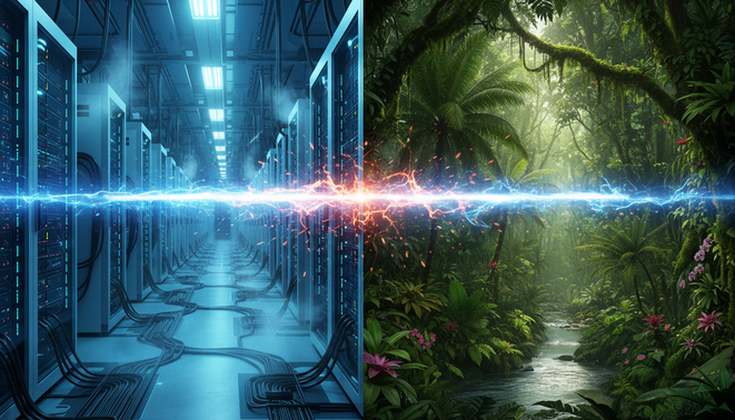 A conceptual split screen showing a glowing data center next to a lush rainforest with digital cracks between them