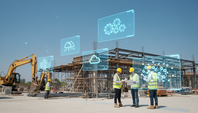 A traditional construction site with workers in hard hats, overlaid with semi-transparent digital screens and glowing blue icons representing artificial intelligence and smart project management.