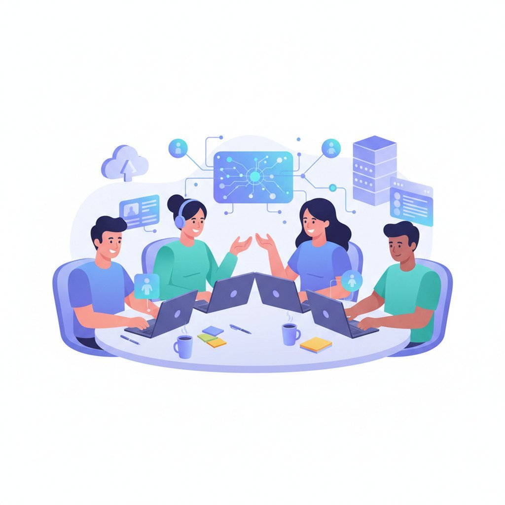 A modern flat-style illustration of a diverse startup team gathered around laptops and tablets, interacting with abstract AI elements such as glowing neural nodes, holographic agent icons, and floating workflow panels. The scene shows collaboration between humans and AI tools using soft blue, purple, and teal tones.