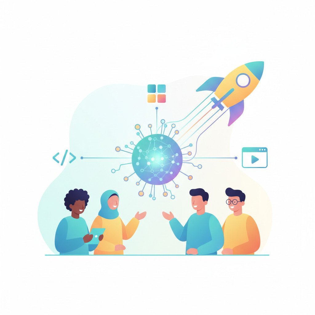 Illustration of a small diverse team interacting with a glowing neural core orb that connects to symbols of code, design, and a mobile app, with a rocket silhouette in the background to convey startup momentum.