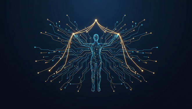An abstract illustration of a human figure guiding a glowing digital network of artificial intelligence paths.