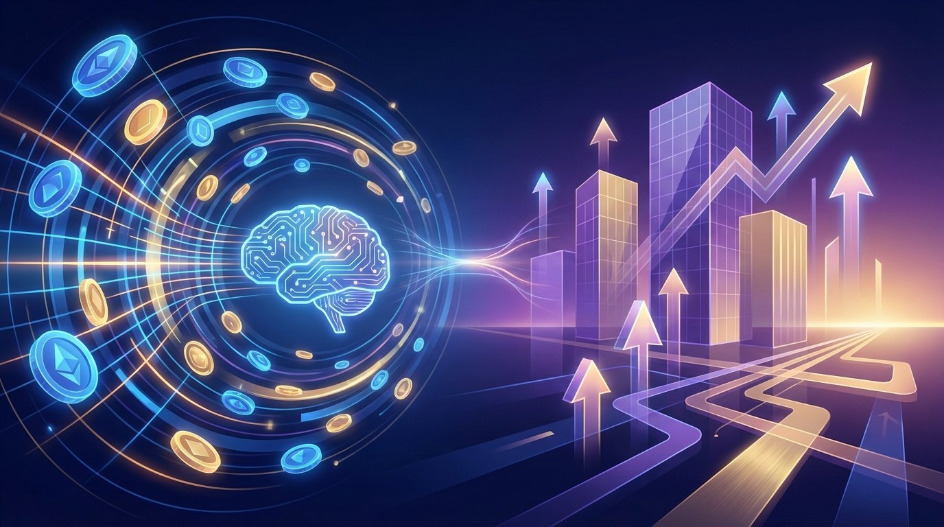An abstract illustration of tech trends in 2025, showing glowing coins and data streams flowing towards a central point, symbolizing AI funding, while upward trending graphs and building silhouettes represent startup exits and IPOs.