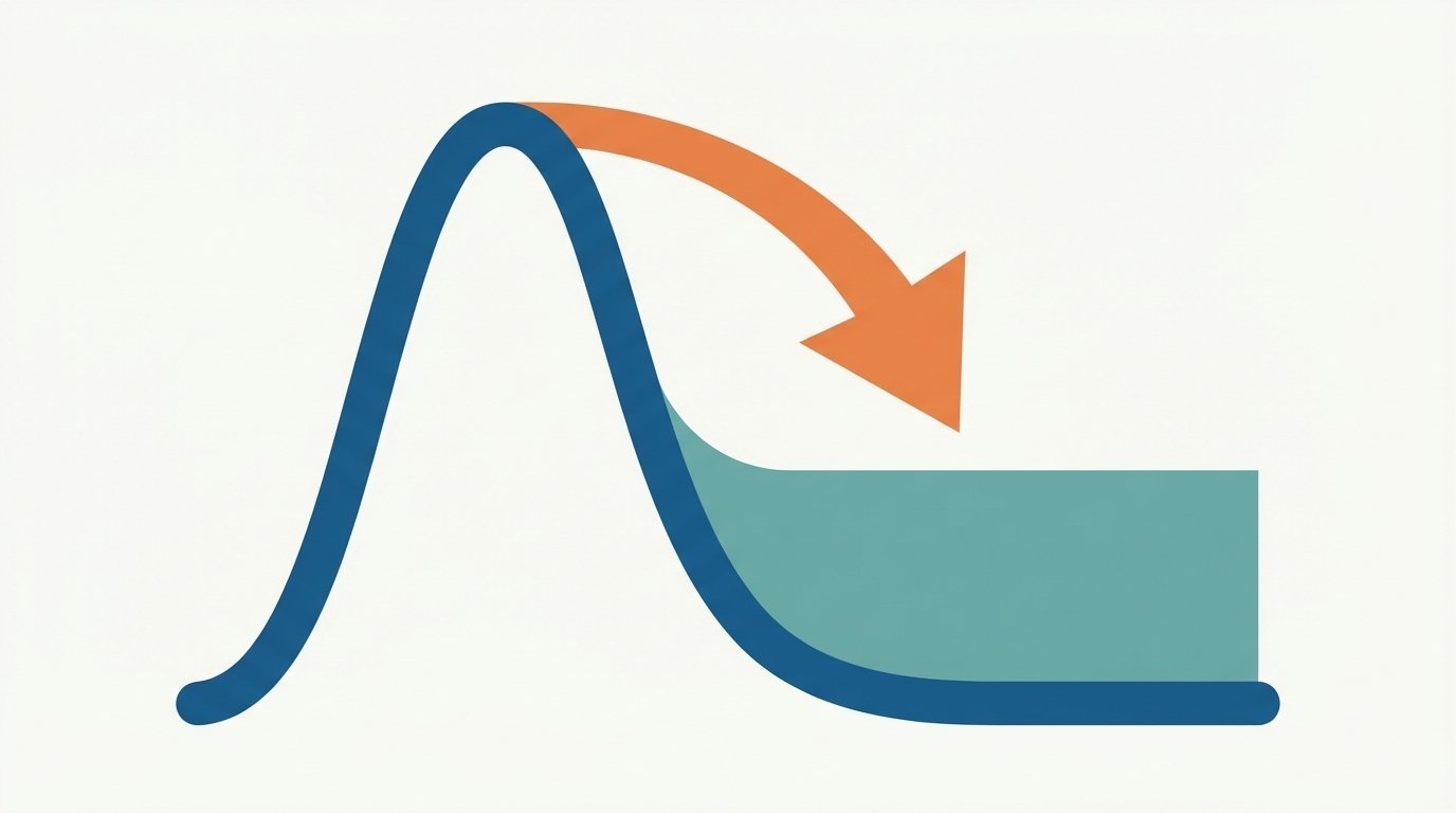 Minimalistic illustration of a sweeping wave representing a hype peak followed by a downward correction arrow, with a steady plateau indicating recalibration
