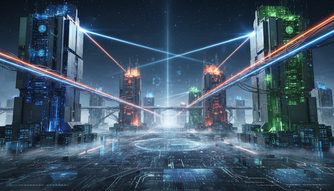 A futuristic and massive landscape of interconnected data centers and glowing fiber optic networks representing a rapid infrastructure surge in the AI arms race.