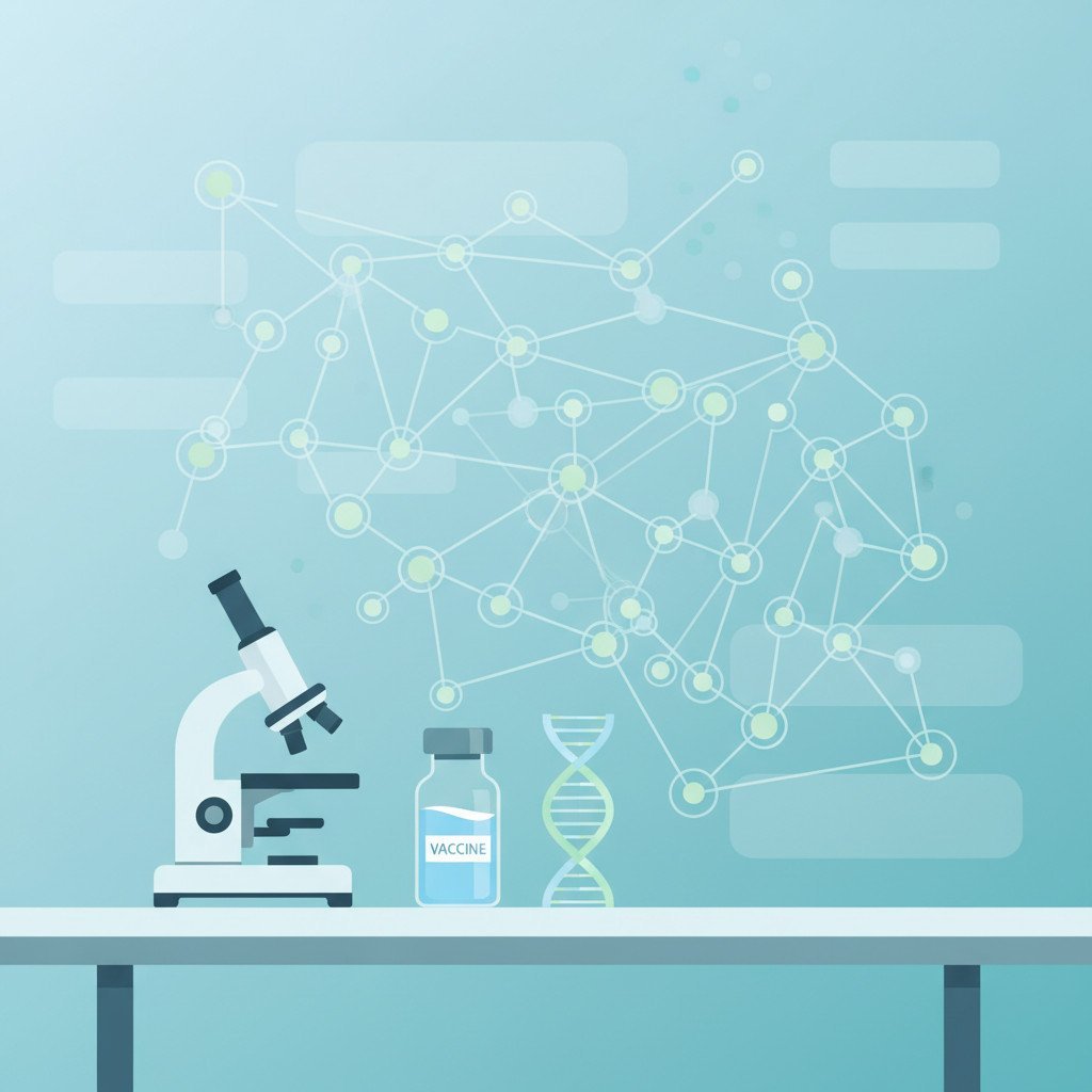 Abstract neural network overlay in a lab scene with a microscope, vaccine vial, and DNA helix, in calm blues and teals, conveying AI assisting vaccine research.