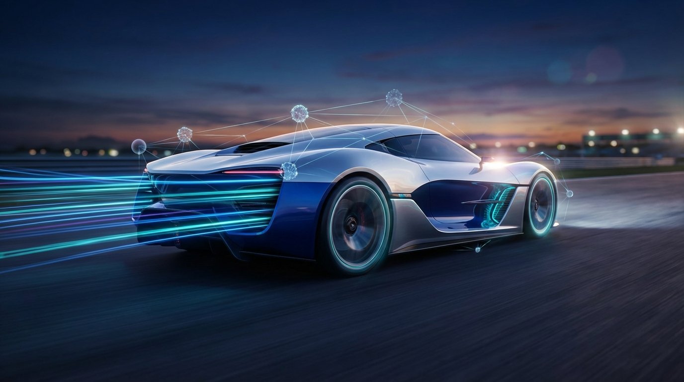 Futuristic electric race car speeding on a track with glowing circuit light trails and translucent neural network nodes around it, cinematic lighting and motion blur, no text