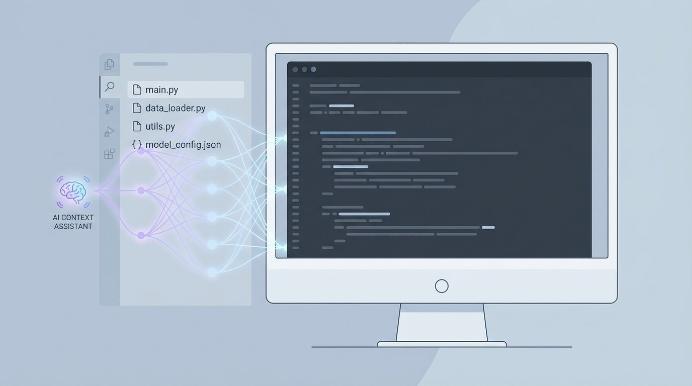 A developer's coding environment with an AI assistant visualizing its understanding of the entire project's context through a network of light.