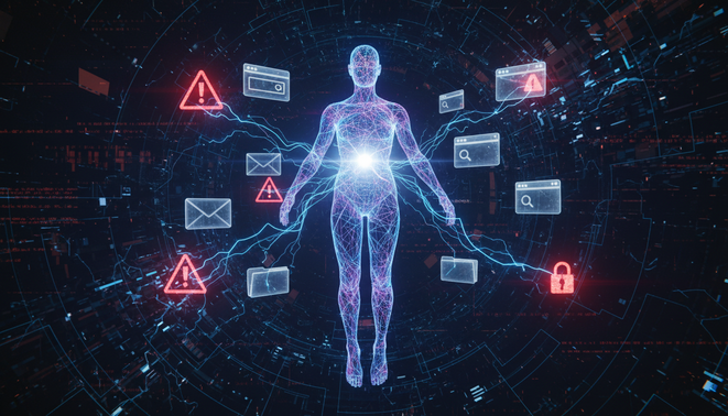 An abstract AI figure interacting with emails, browsers, and local files with red cautionary alerts around the data connections.