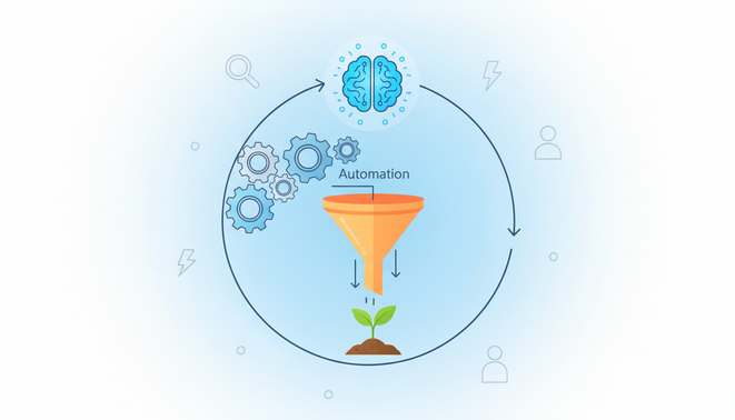 A professional flat illustration showing a circular workflow for a solo entrepreneur with AI discovery automation gears a marketing funnel and a growing plant symbol