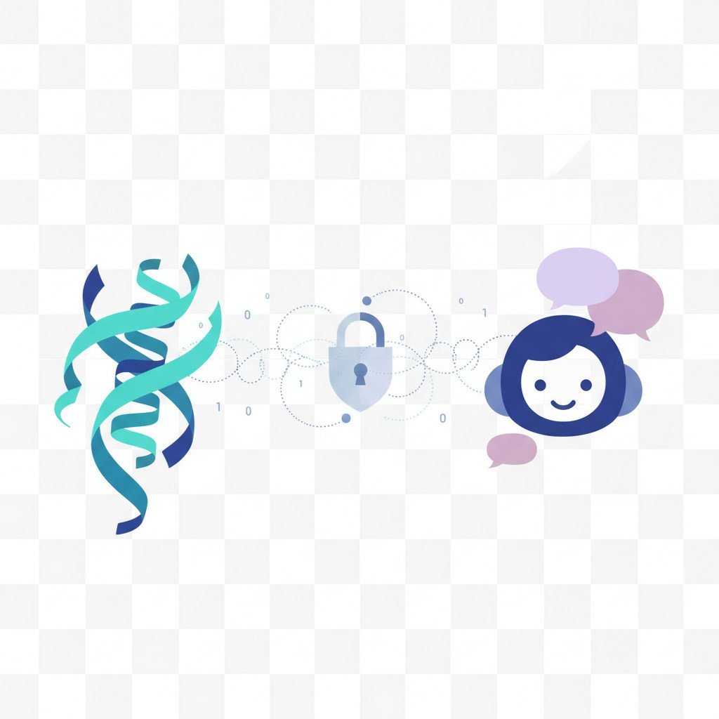 Illustration showing a stylized protein ribbon on the left, a chatbot bubble cluster on the right, and a translucent padlock and shield in the center linked by dotted data lines to symbolize AI advancements and privacy protection.