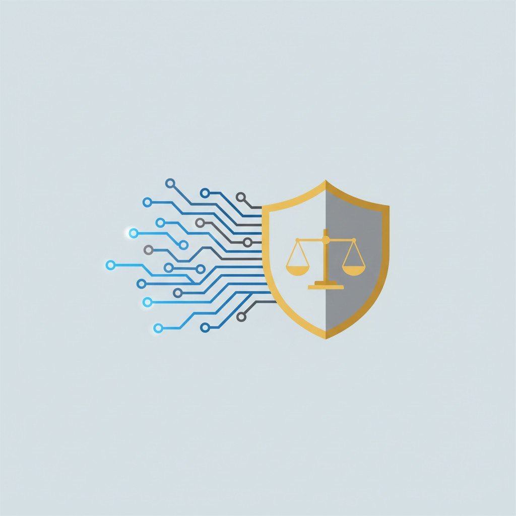 Stylized blue circuit board pattern on the left blending into a gold shield and balanced scales on the right, representing AI technology meeting regulation. Clean flat design, no text.