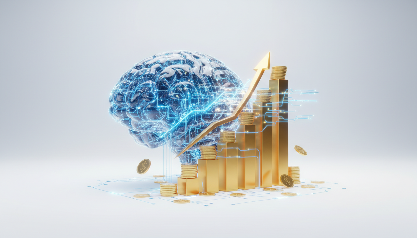 A digital brain and golden bar chart representing AI revenue growth