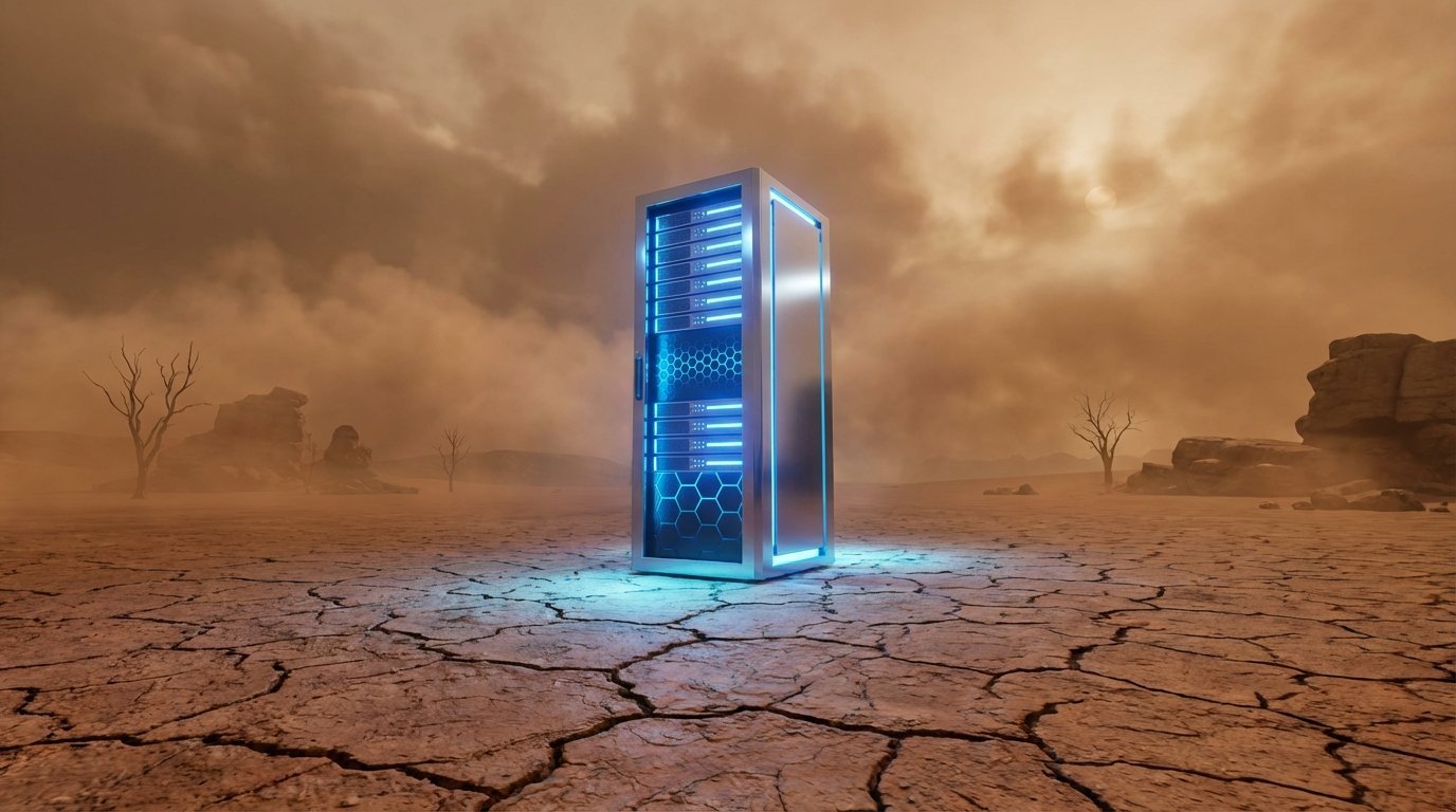 A glowing AI server rack standing in a barren, dry landscape, symbolizing the environmental cost of AI data centers.