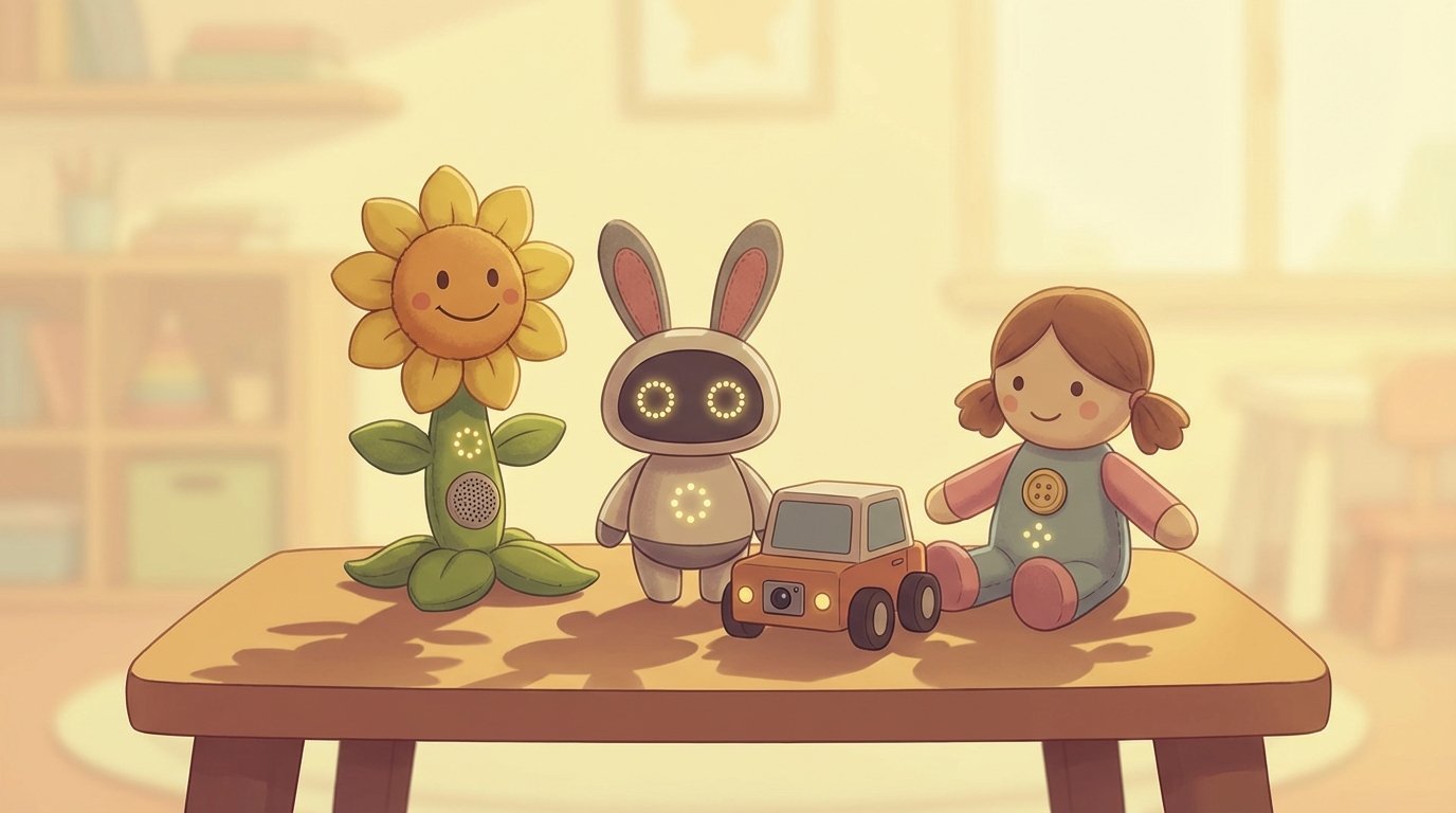 Illustration of a talking sunflower toy and a smart bunny robot on a child's play table, with other AI enabled playthings nearby and subtle cautionary lighting to convey privacy and safety concerns.