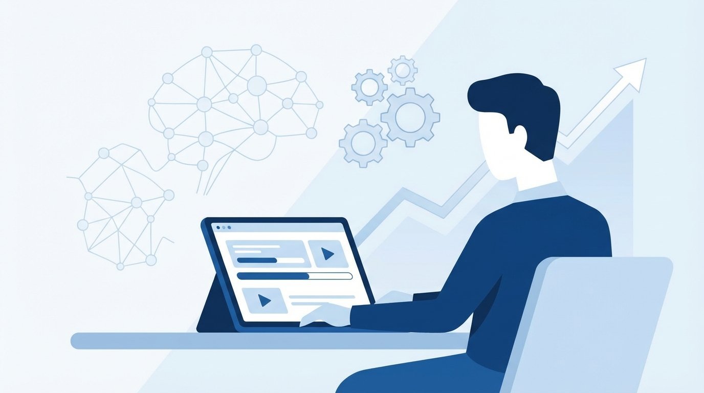 An illustration of a business founder using AI and automation training, with symbols of online courses and business growth charts in the background.