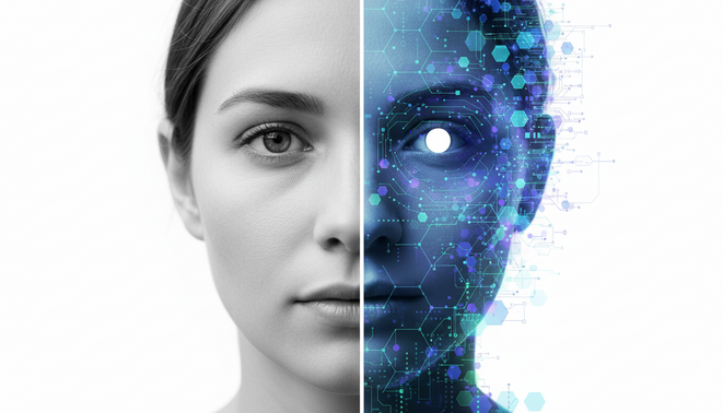 A minimalist digital illustration showing a split view of a human portrait. One side is a realistic photograph and the other is made of glowing digital pixels.
