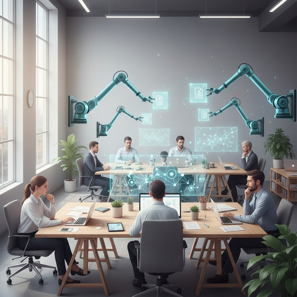 AI interacting with white-collar workers in an open-plan office