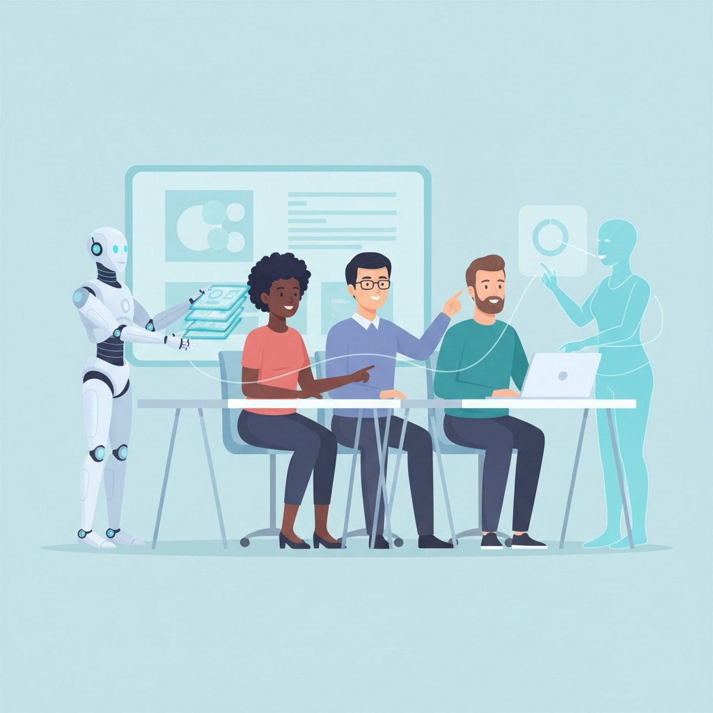 Illustration of diverse humans and AI systems collaborating in an open office, showing a humanoid robot and a holographic assistant working with employees.