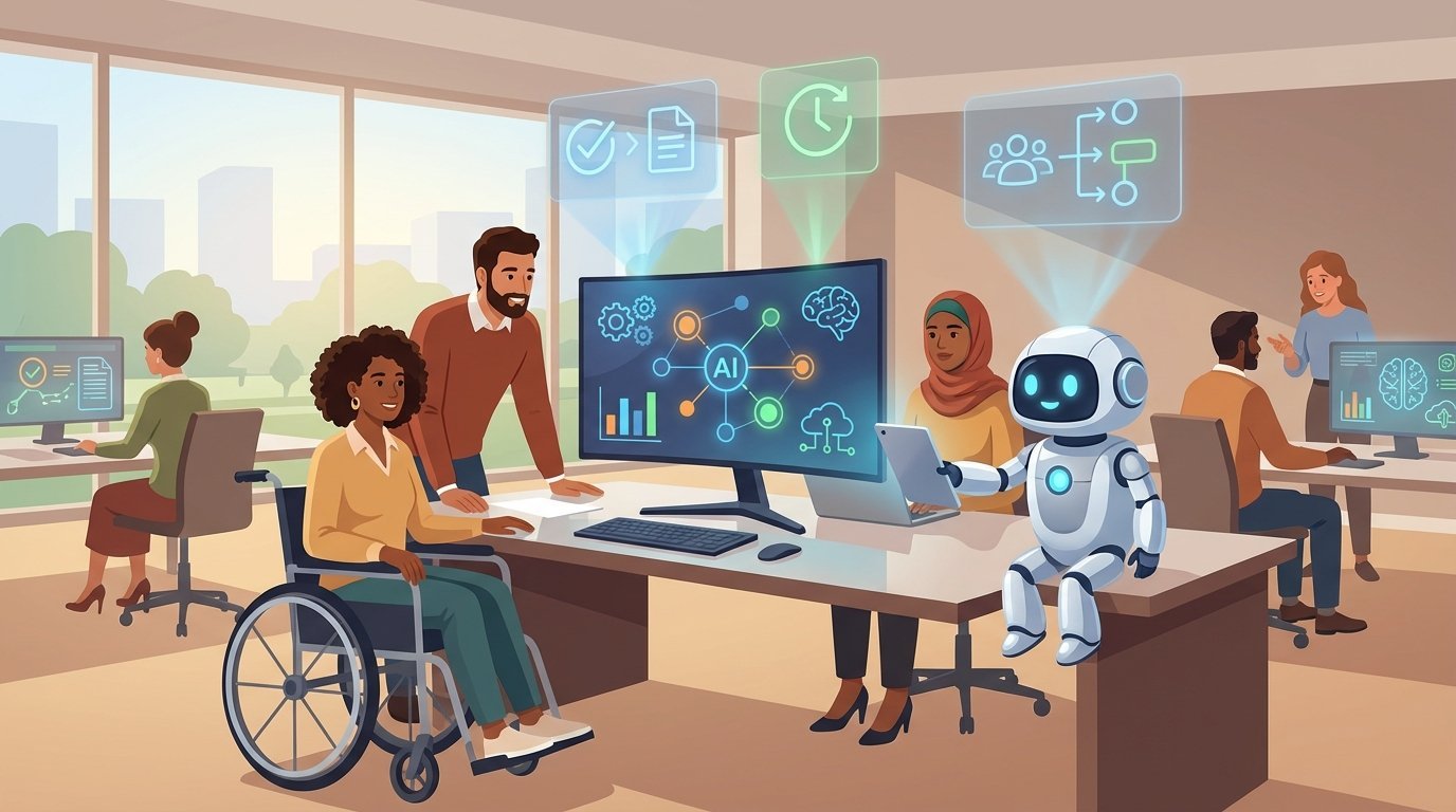 Illustration of a modern open office where diverse employees collaborate with AI tools and a compact friendly robot, showing seamless human AI integration and holographic workflow overlays.