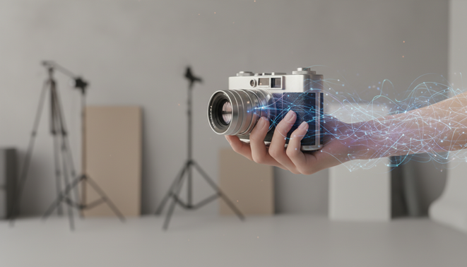 A minimalist and artistic scene showing a human hand operating a vintage film camera. Soft glowing digital light patterns and neural network lines weave around the camera and the person arm symbolizing the fusion of traditional indie filmmaking with modern artificial intelligence.
