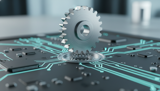 Minimalist representation of a mechanical gear integrating into a digital circuit board symbolizing AI customization