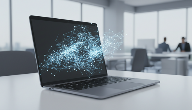 A sleek minimalist laptop on a desk with glowing digital nodes floating above the keyboard representing a virtual AI agent performing tasks