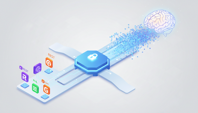 Visual illustration of the APIAgent proxy process linking REST and GraphQL services to AI agents via a secure gateway