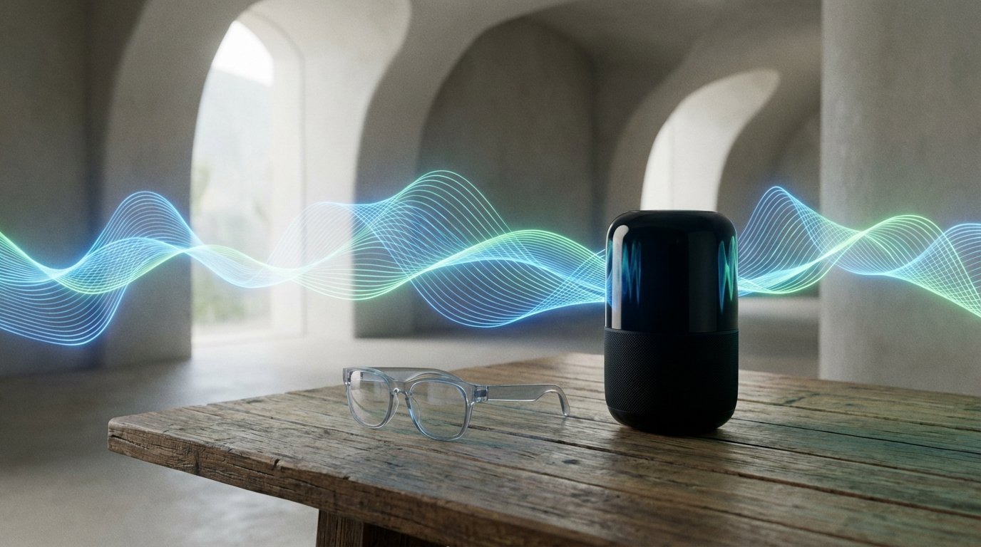 A futuristic living space with screenless devices interacting through sound waves.