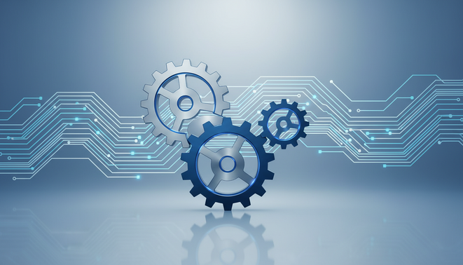 A professional technical graphic featuring stylized, interlocking gears and a digital circuit pattern to represent automated synchronization and smooth data flow.