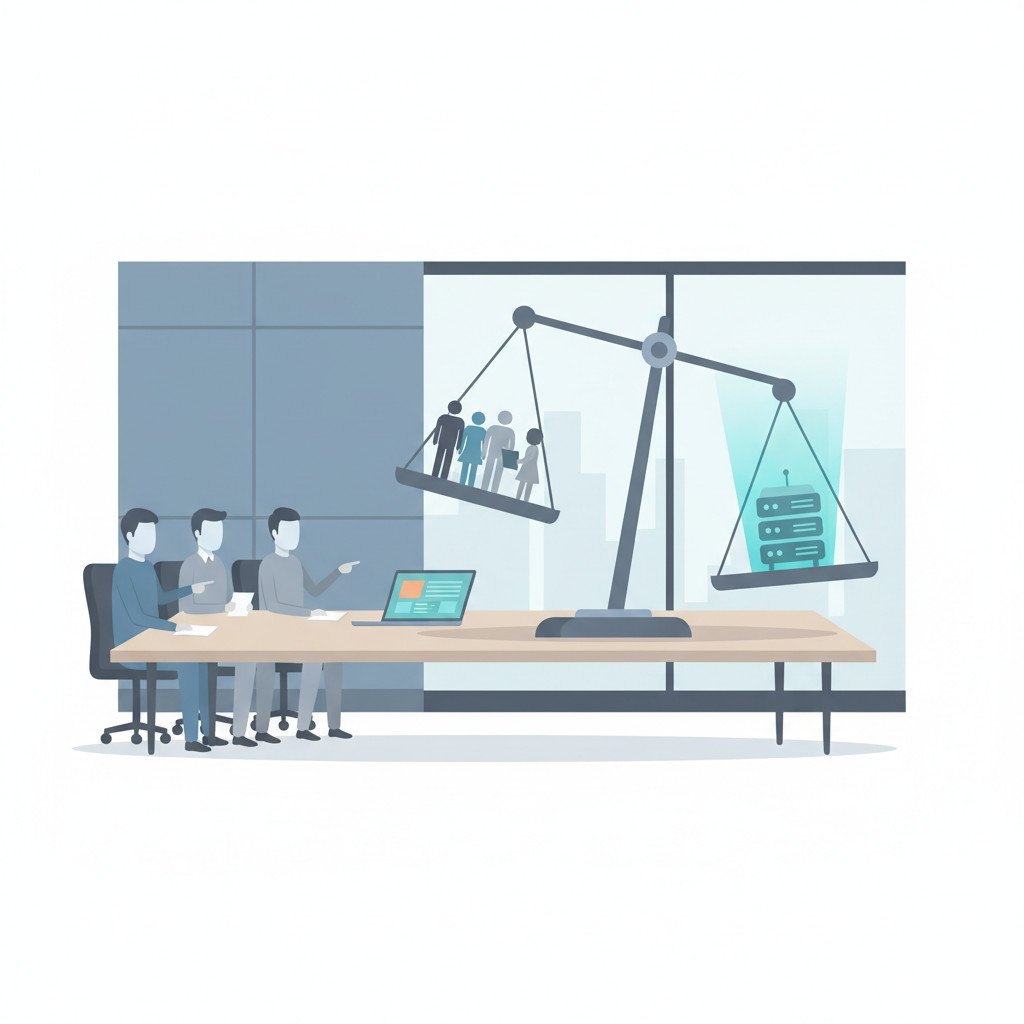 A minimal office scene with a balance scale on a meeting table tipping toward a glowing automation device, while human figures with notepads sit on the opposite side, illustrating automation outweighing human judgment in business decisions.