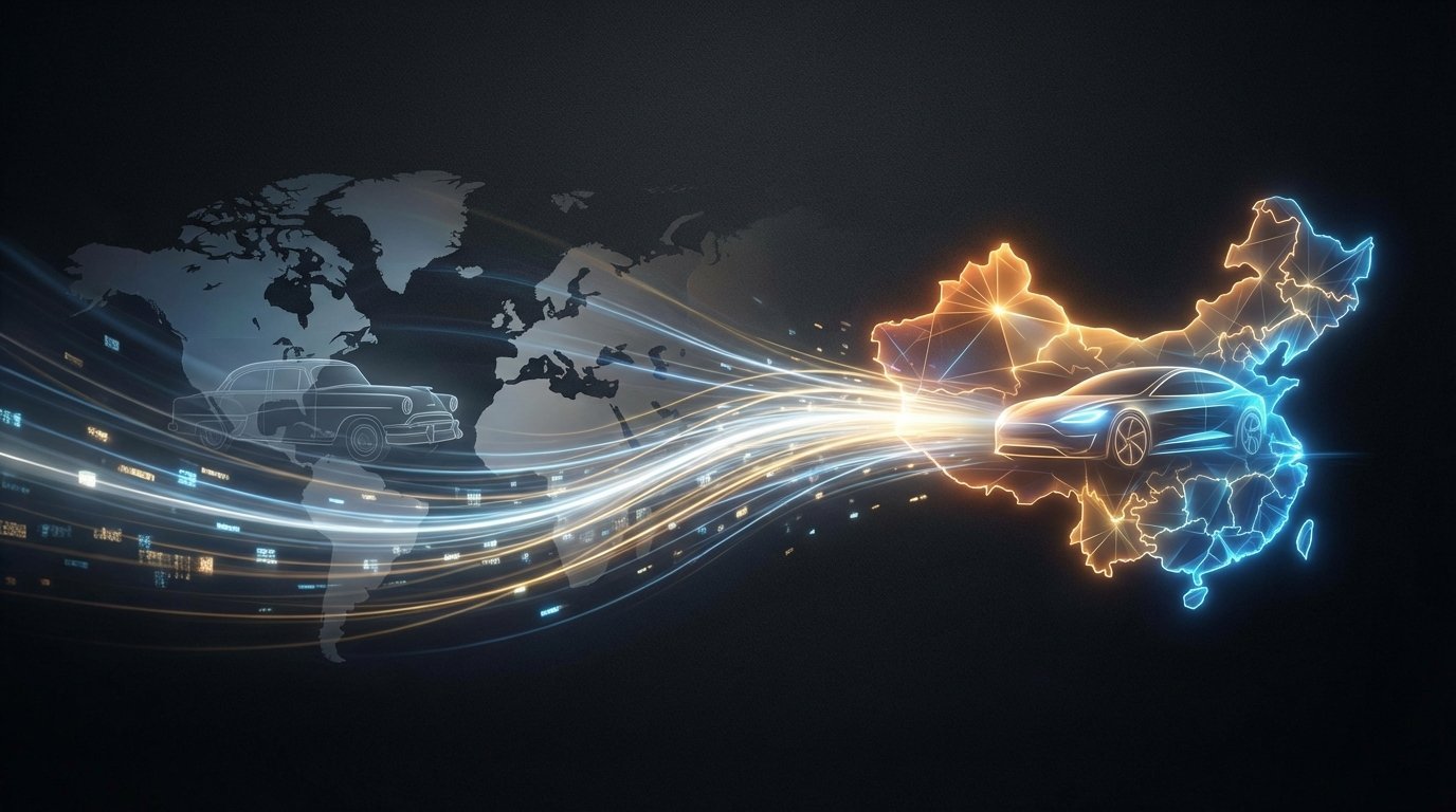 An abstract image symbolizing the shift in global automotive power. A stylized map of the West is shown in muted tones, while a map of China is illuminated brightly with lines of light flowing towards it, representing technological dominance.
