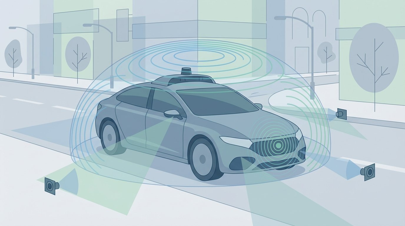 Driverless car with sensor waves representing lidar, radar, and camera coverage
