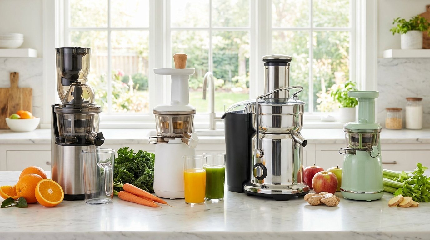 A selection of the best modern juicers displayed on a bright kitchen counter with fresh fruits and vegetables, symbolizing a healthy lifestyle.