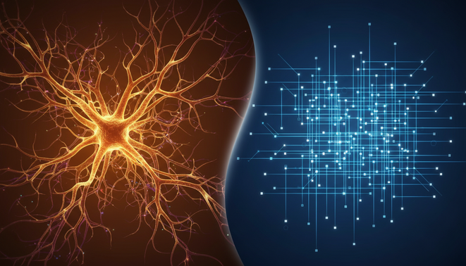 A split screen comparison of a biological neural web and a digital circuit grid.