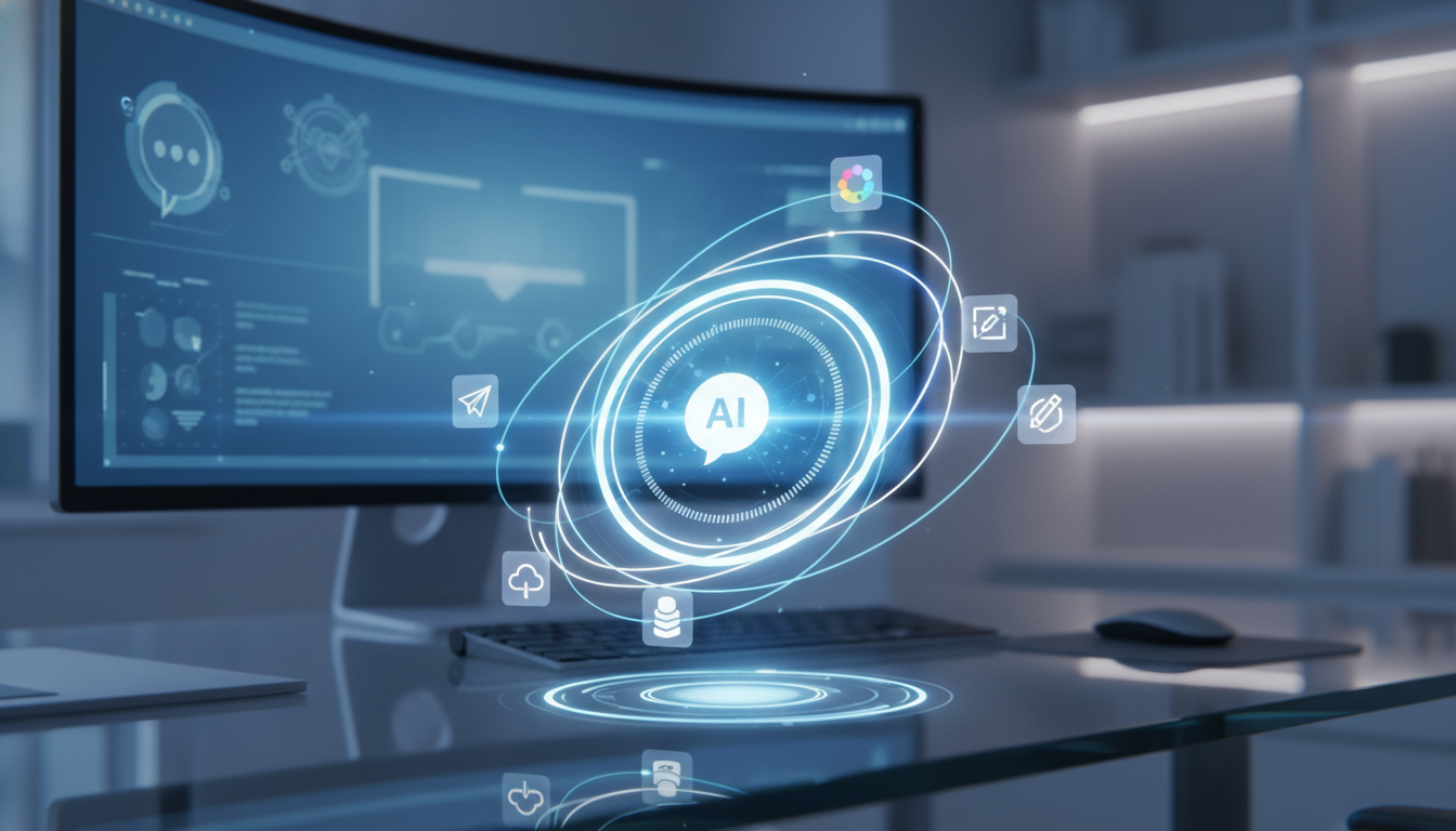 A digital workspace showing a glowing AI chatbot bubble in the center with app icons like Slack and Figma connecting to it via glowing lines.